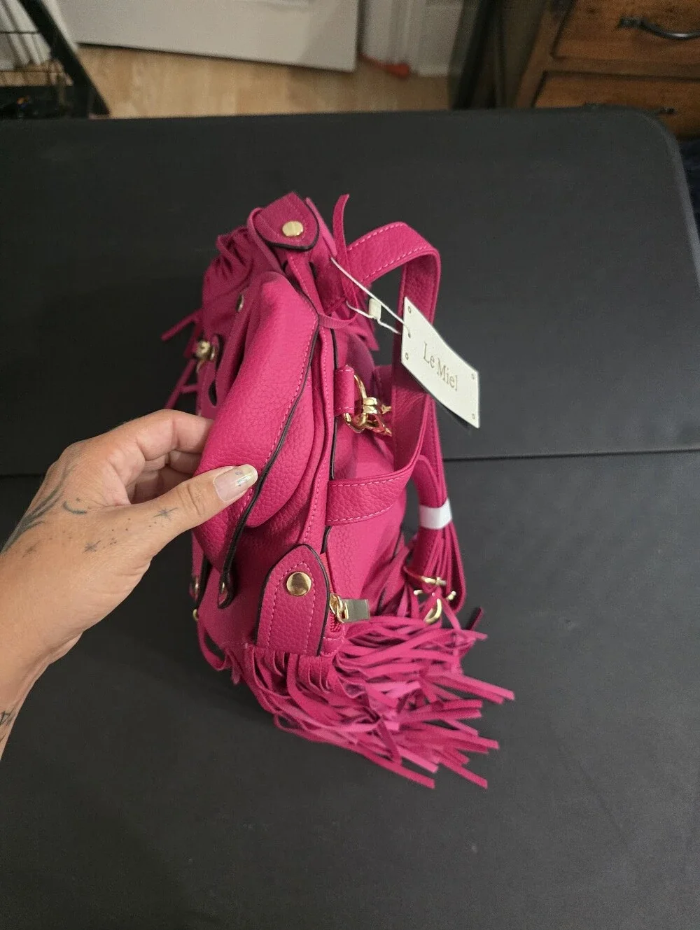 New LE Miel Vegan Hot Pink Fringe Moto Backpack Bag with Gold Hardware